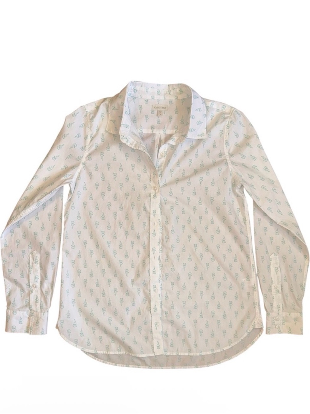 Garnet Hill Organic Pima Cotton Button Down Shirt White Green Print Size 6 Peru - Picture 2 of 5